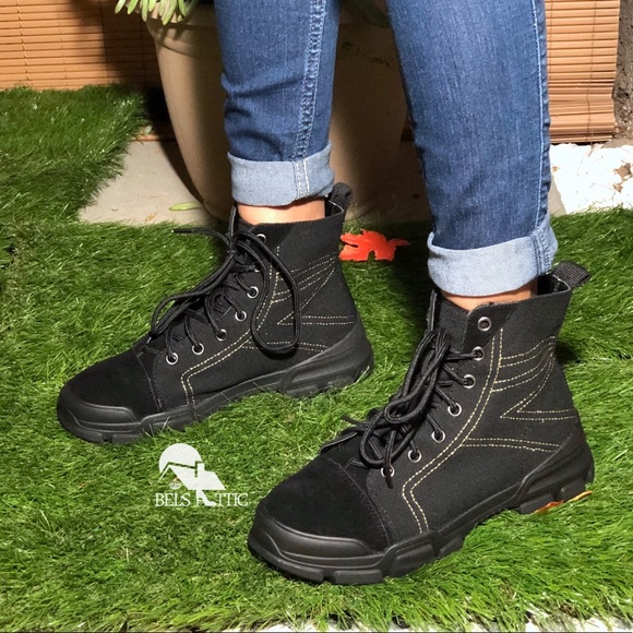 Black Vegan Suede Cap Toe Sneaker Combat Bootie - Picture 2 of 6